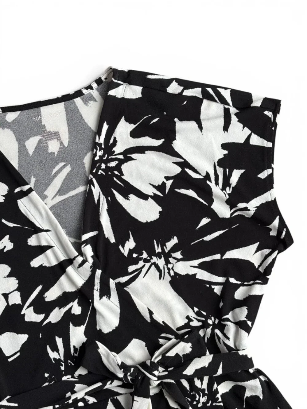 Nine West Black White Floral Faux Wrap Dress Belted Stretch Size L